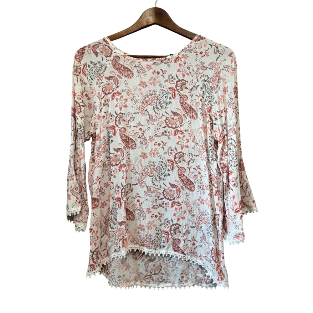 Paper Moon Blouse Womens Small White Paisley Pom Pom Trim Excellent Boho Top